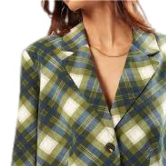 NWT WeWoreWhat Cropped Blazer in vintage plaid Green multi.  Size S - Picture 2 of 10